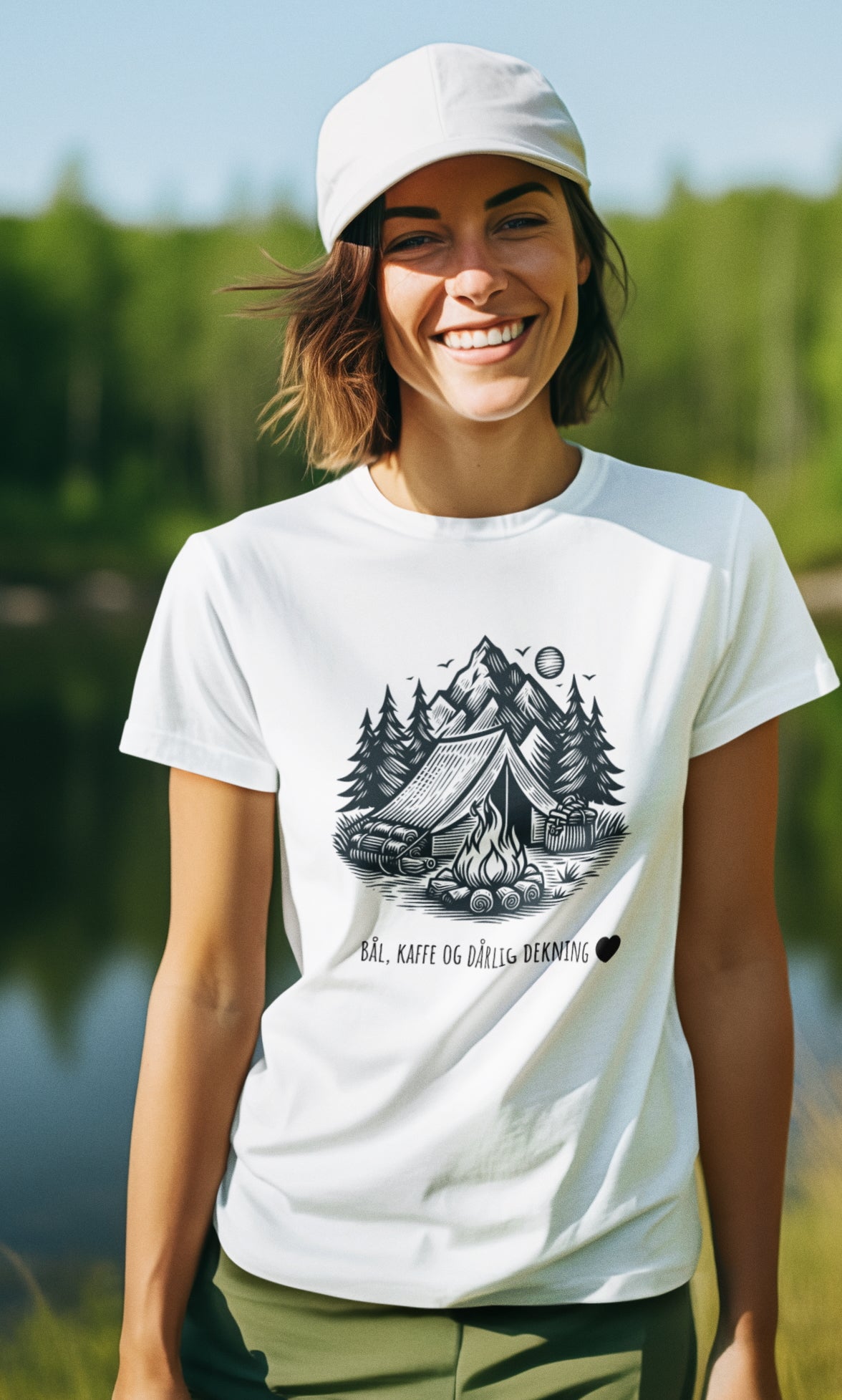 Bål, kaffe og dårlig dekning – Unisex t-skjorte for friluftselskere