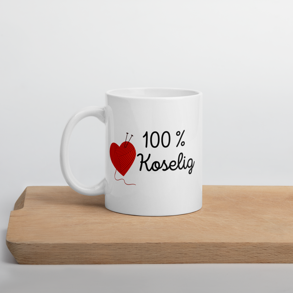 Kaffekopp – 100 % Koselig med Strikkehjerte | Hvit keramikkkopp