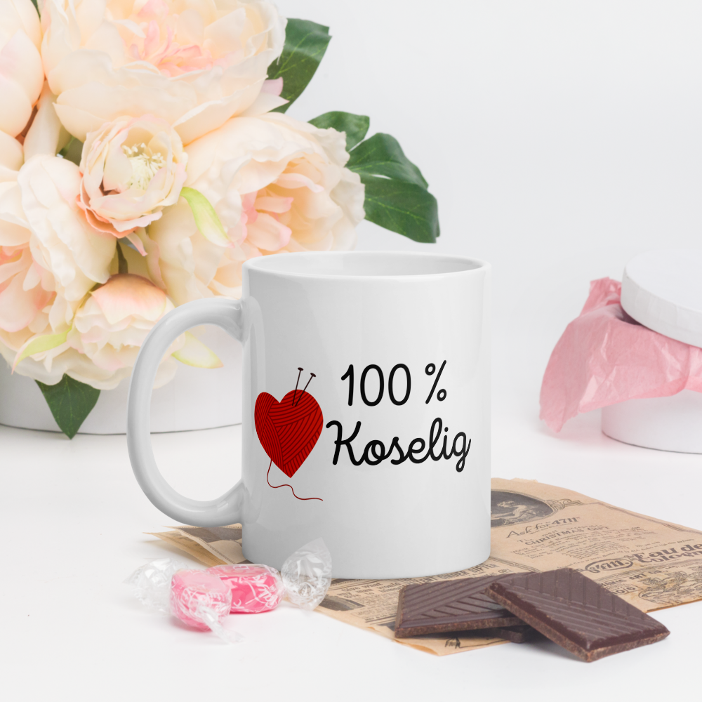 Kaffekopp – 100 % Koselig med Strikkehjerte | Hvit keramikkkopp