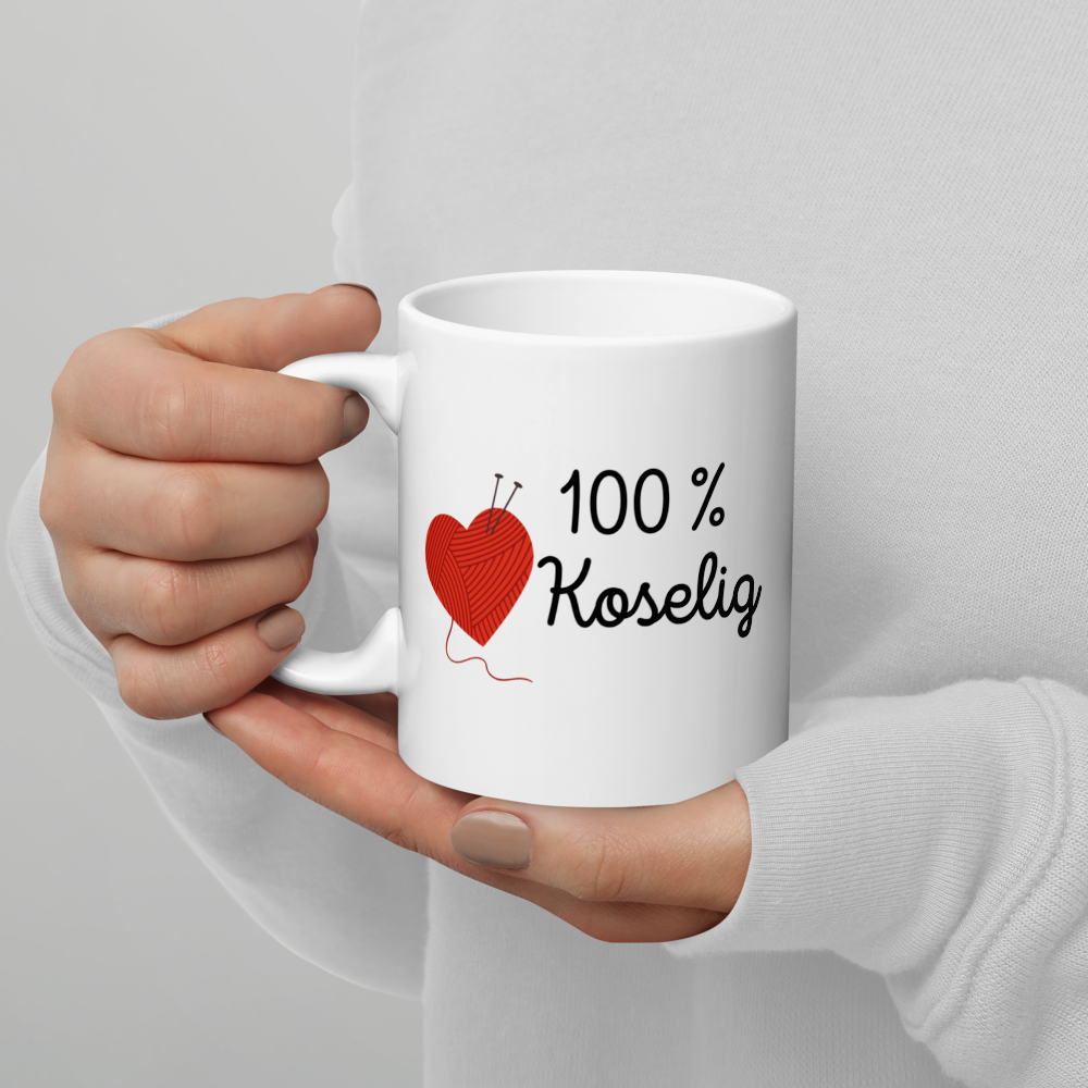Kaffekopp – 100 % Koselig med Strikkehjerte | Hvit keramikkkopp