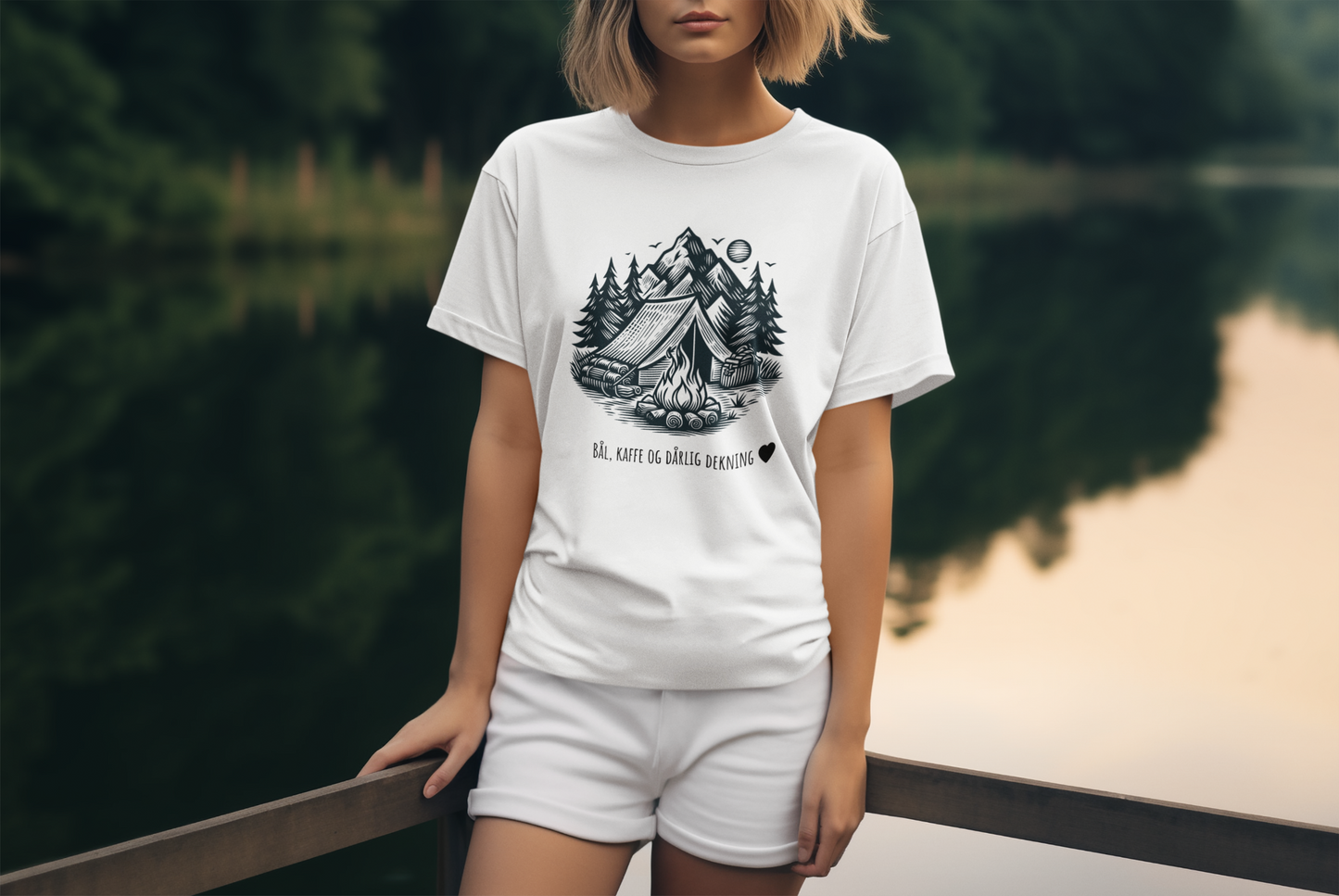 Bål, kaffe og dårlig dekning – Unisex t-skjorte for friluftselskere