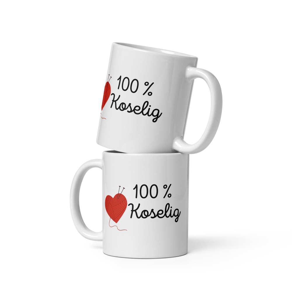 Kaffekopp – 100 % Koselig med Strikkehjerte | Hvit keramikkkopp